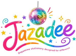 Jazadee Dopamine Stationery multicoloured lettering with metallic rainbow discoball