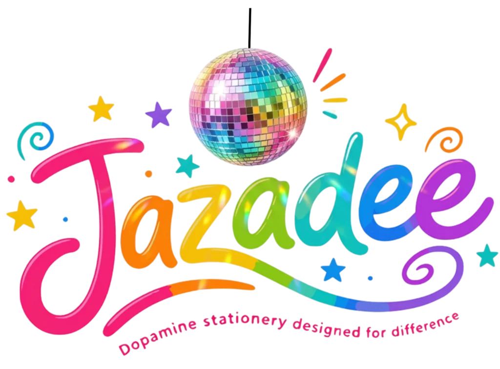 Jazadee logo dopamine coloured lettering featuring a bright discoball